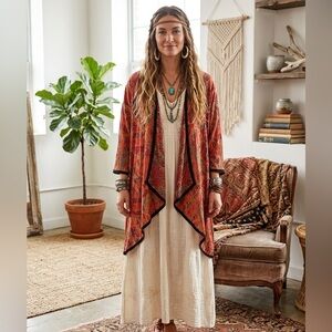 Maggie Barnes Red Patterned Open-Front Kimono with Black Trim